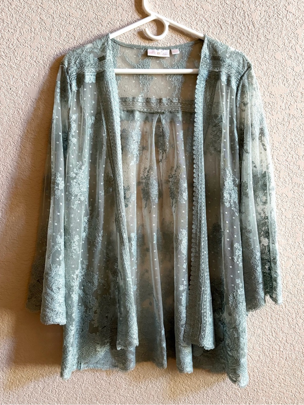 Belle Sage Green Floral Boho Lace Sheer Kimono Cardigan Sz L Festival Indie